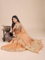 Shree Shyam Fashion Orange Organza Woven Zari Work Traditional Tassel Saree | Grocsy