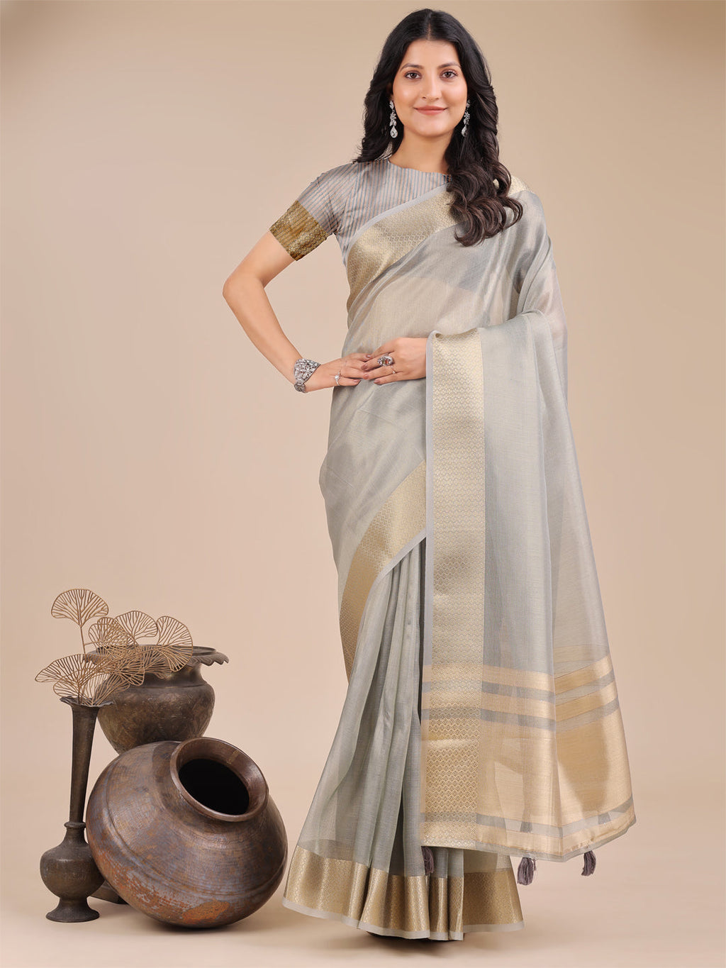 Shree Shyam Fashion Grey Organza Woven Zari Work Traditional Tassel Saree | Grocsy