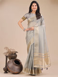 Shree Shyam Fashion Grey Organza Woven Zari Work Traditional Tassel Saree | Grocsy