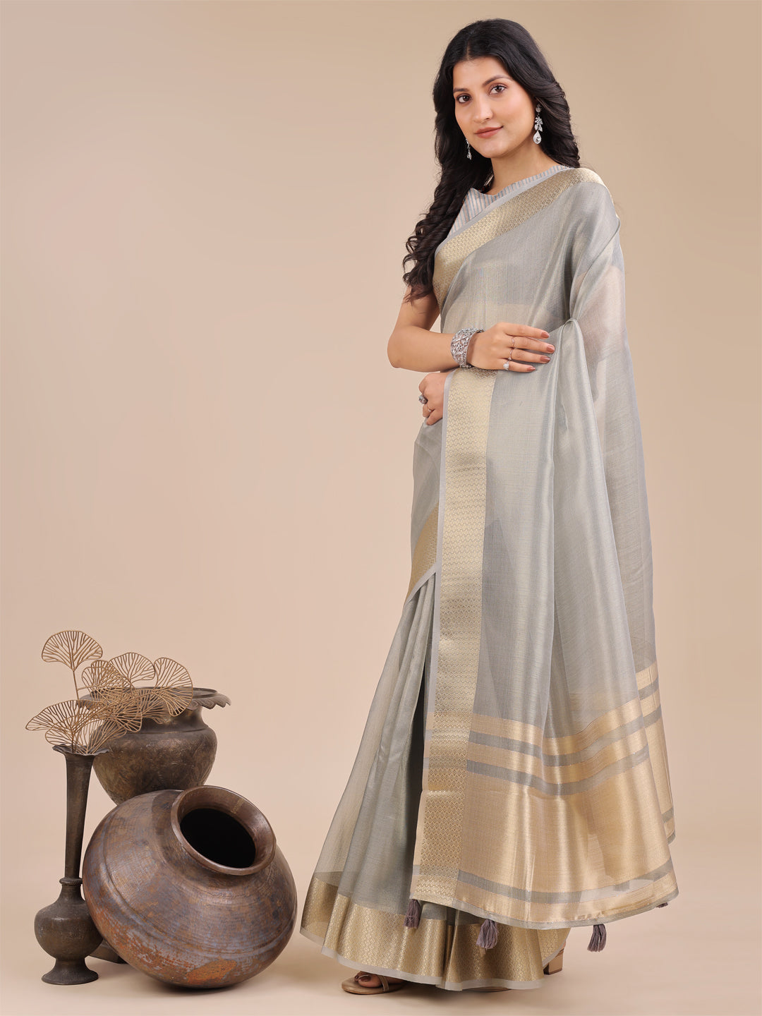 Shree Shyam Fashion Grey Organza Woven Zari Work Traditional Tassel Saree | Grocsy