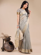 Shree Shyam Fashion Grey Organza Woven Zari Work Traditional Tassel Saree | Grocsy