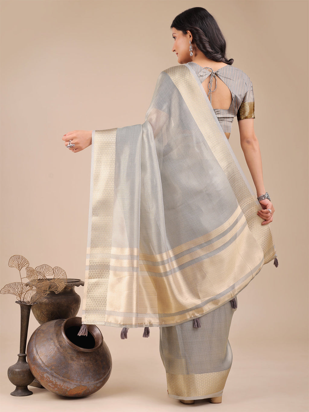 Shree Shyam Fashion Grey Organza Woven Zari Work Traditional Tassel Saree | Grocsy