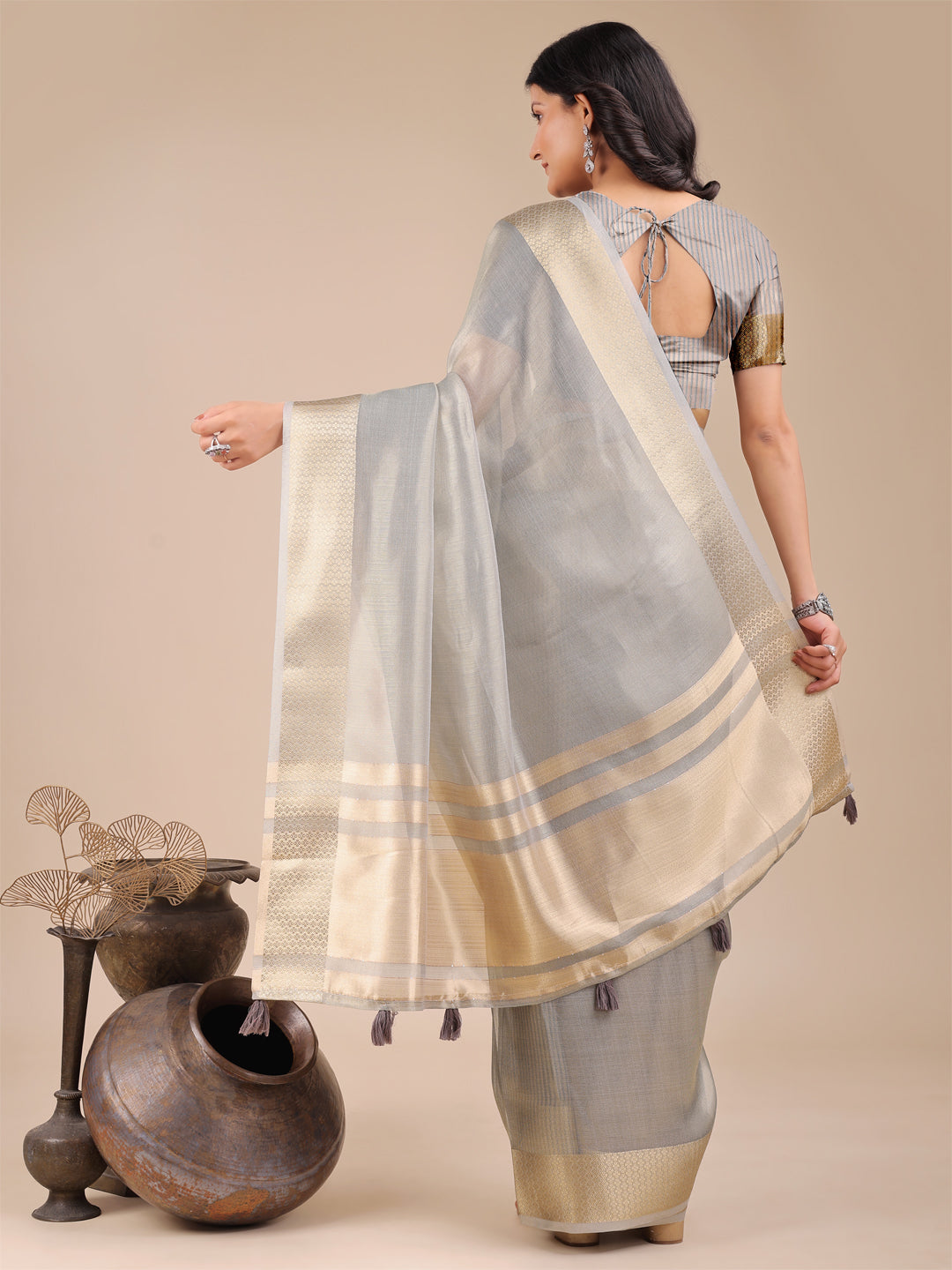 Shree Shyam Fashion Grey Organza Woven Zari Work Traditional Tassel Saree | Grocsy