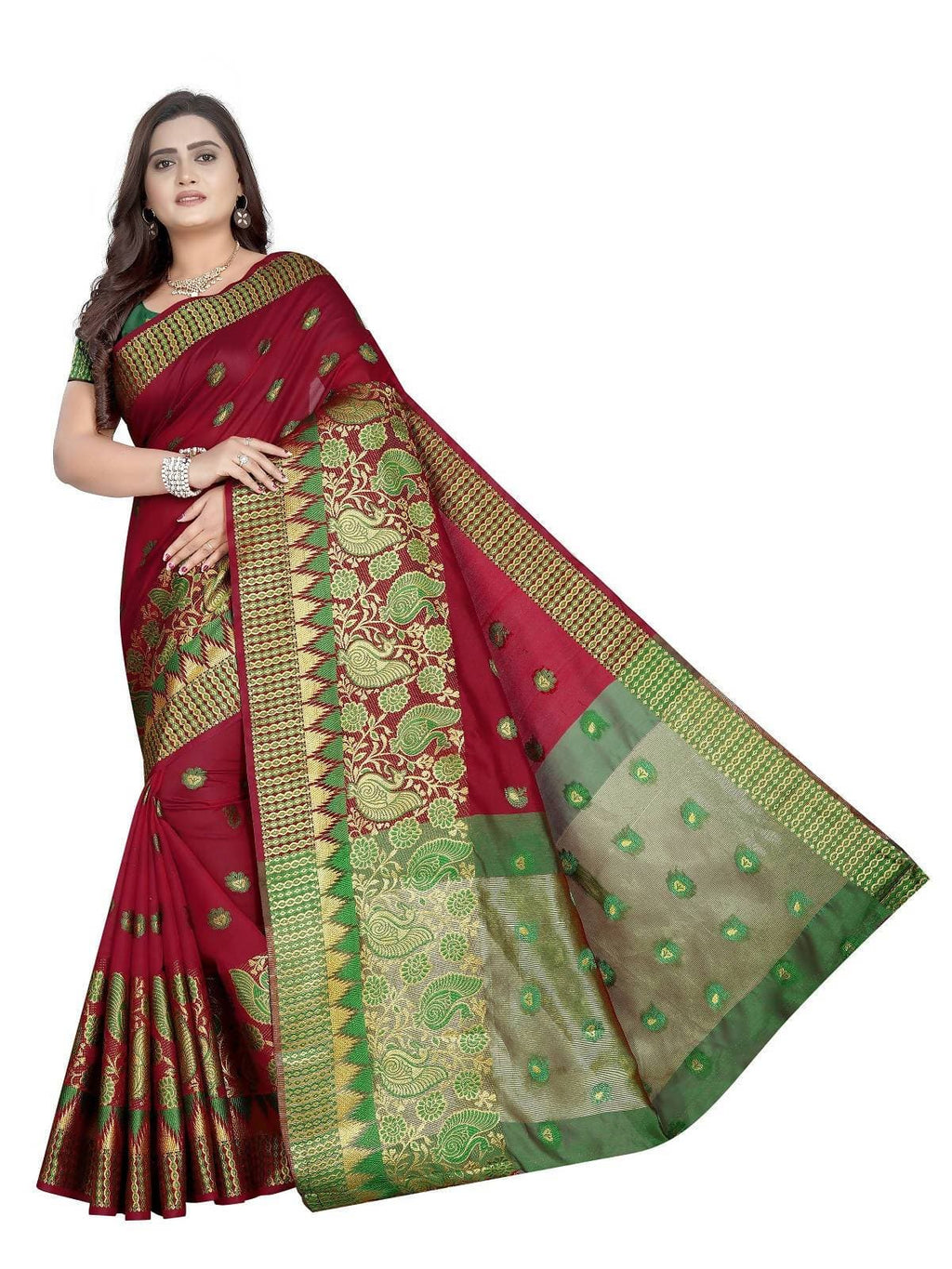 Vamika Banarasi Jaquard Red Weaving Saree With Green Blouse | Grocsy