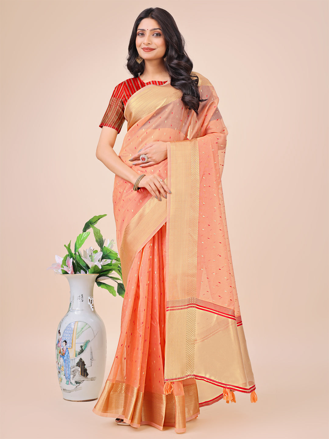 Shree Shyam Fashion Peach Gold Organza Silk Saree - Lightweight Luxury for Your Ethnic Moments | Grocsy