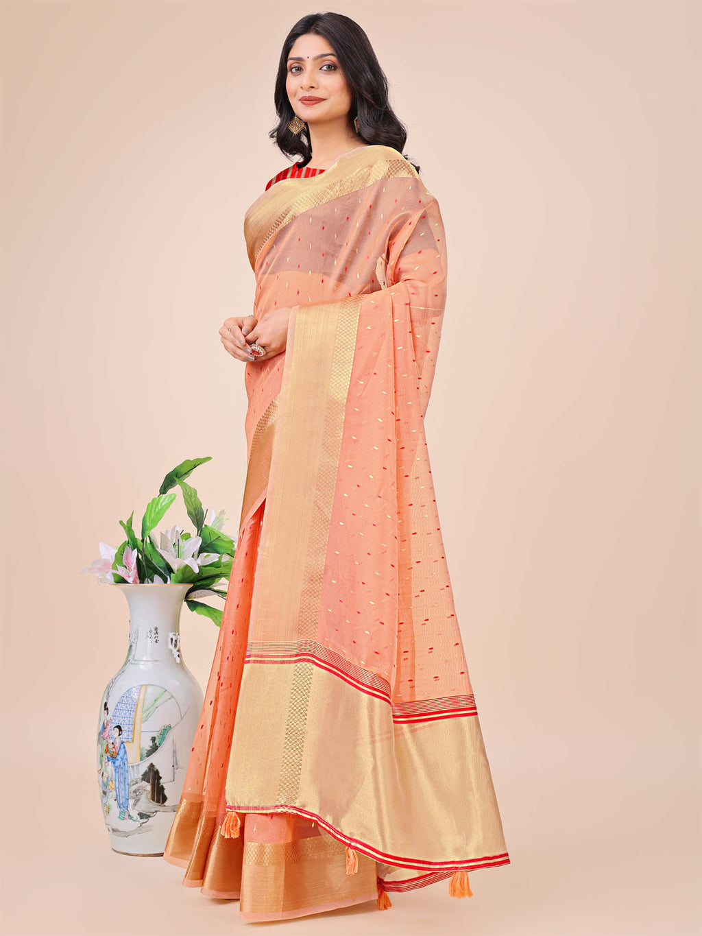 Shree Shyam Fashion Peach Gold Organza Silk Saree - Lightweight Luxury for Your Ethnic Moments | Grocsy