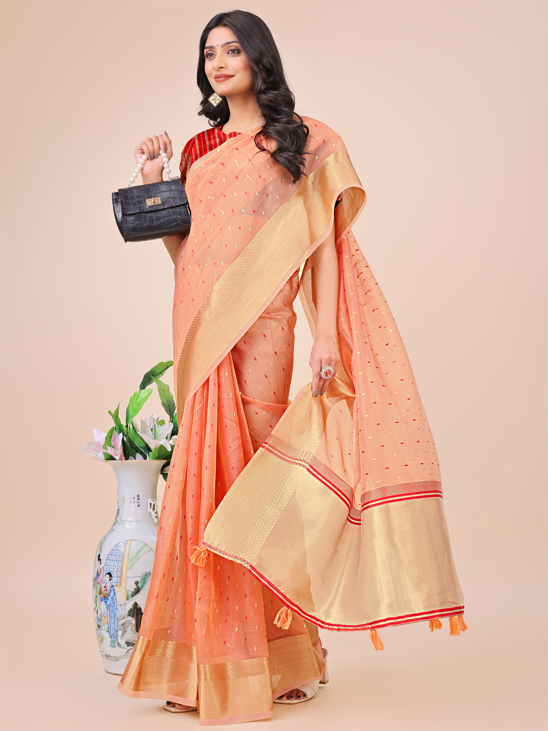 Shree Shyam Fashion Peach Gold Organza Silk Saree - Lightweight Luxury for Your Ethnic Moments | Grocsy