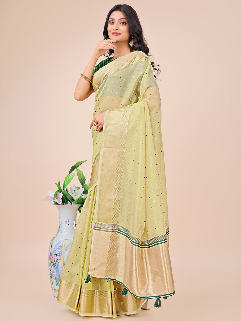 Shree Shyam Fashion Light Green Gold Organza Silk Saree - Lightweight Luxury for Your Ethnic Moments | Grocsy
