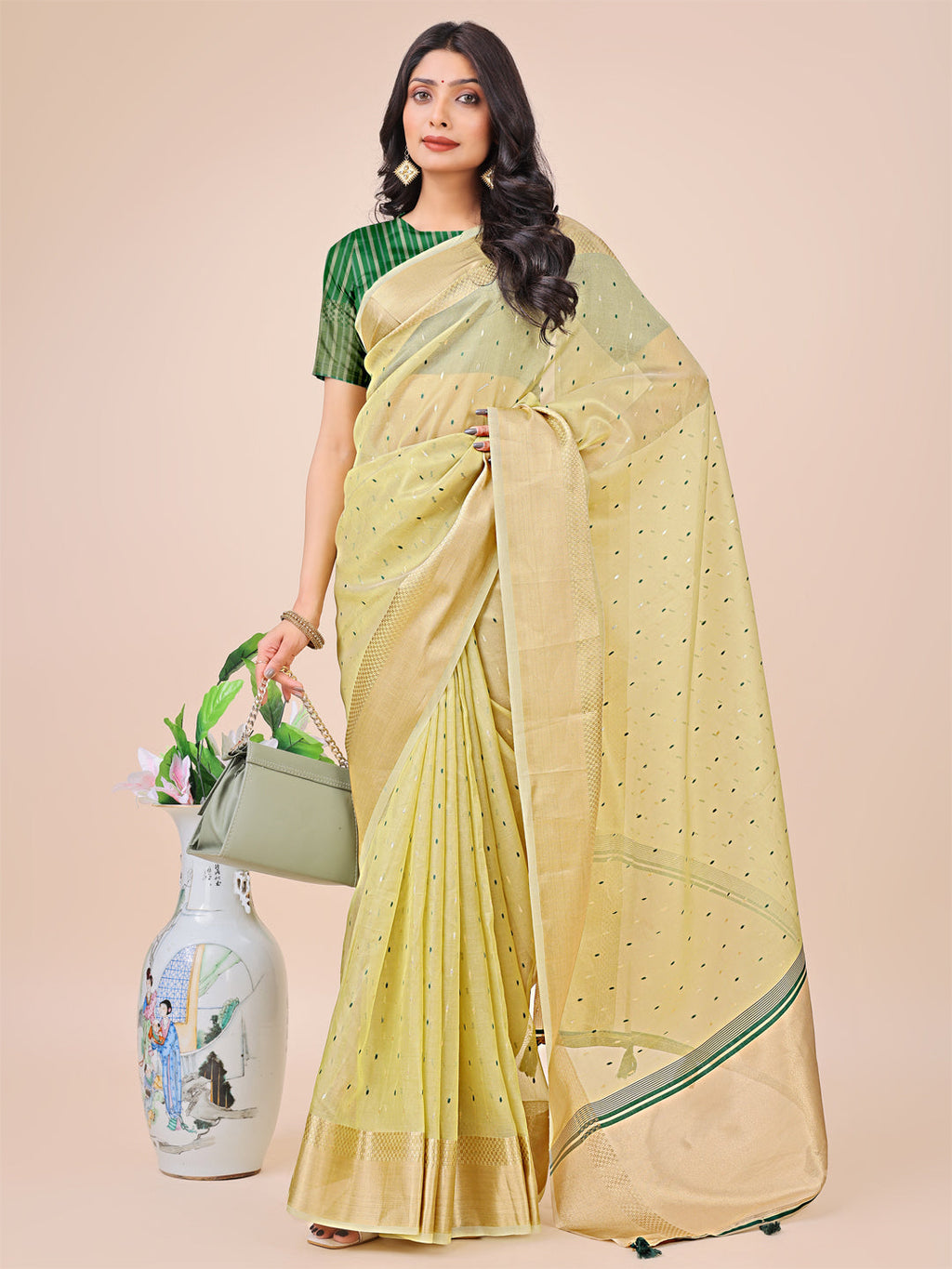 Shree Shyam Fashion Light Green Gold Organza Silk Saree - Lightweight Luxury for Your Ethnic Moments | Grocsy