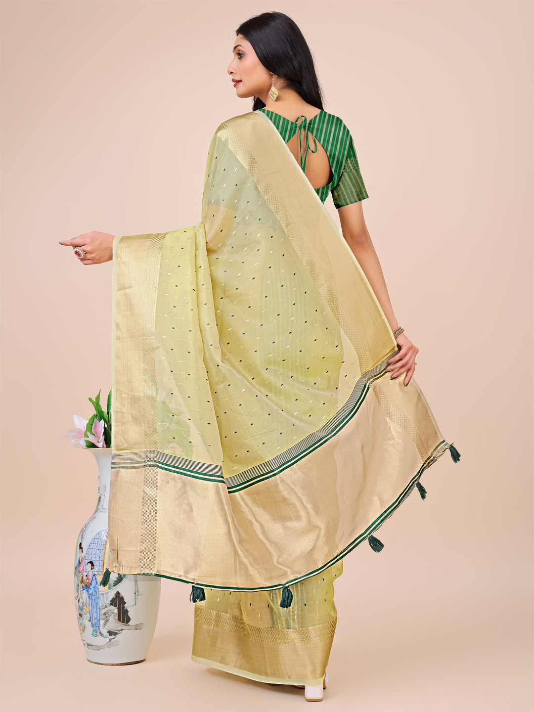 Shree Shyam Fashion Light Green Gold Organza Silk Saree - Lightweight Luxury for Your Ethnic Moments | Grocsy