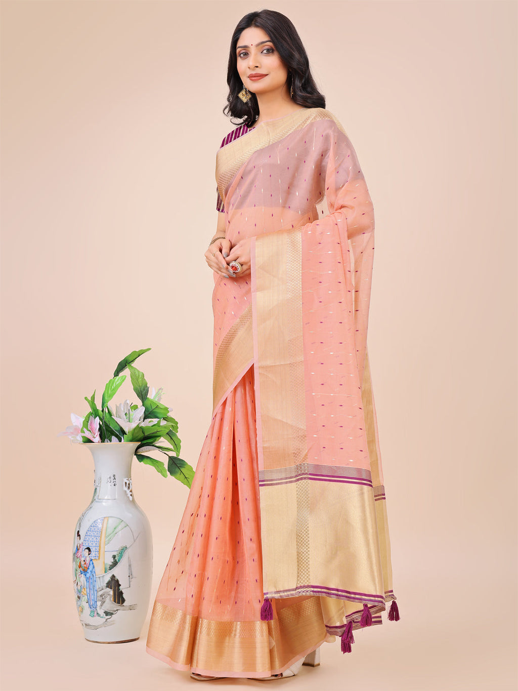 Shree Shyam Fashion Light Pink Gold Organza Silk Saree - Lightweight Luxury for Your Ethnic Moments | Grocsy