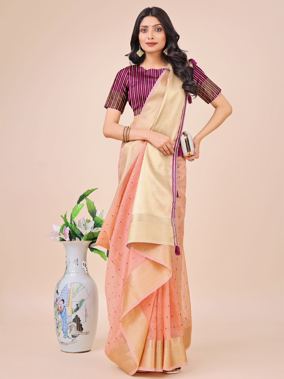 Shree Shyam Fashion Light Pink Gold Organza Silk Saree - Lightweight Luxury for Your Ethnic Moments | Grocsy