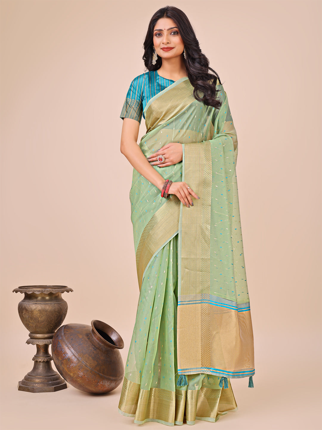 Shree Shyam Fashion Green Gold Organza Silk Saree - Lightweight Luxury for Your Ethnic Moments | Grocsy