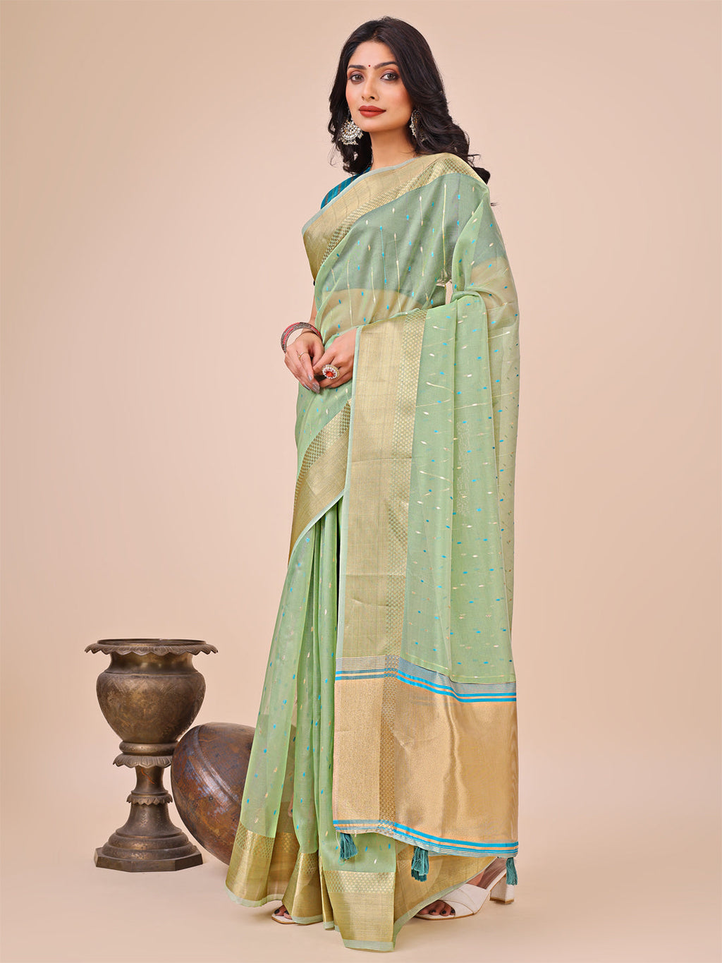 Shree Shyam Fashion Green Gold Organza Silk Saree - Lightweight Luxury for Your Ethnic Moments | Grocsy