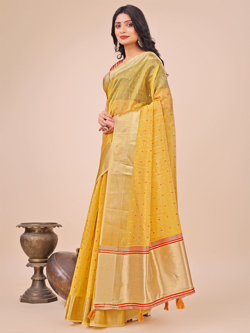 Shree Shyam Fashion Yellow Gold Organza Silk Saree - Lightweight Luxury for Your Ethnic Moments | Grocsy