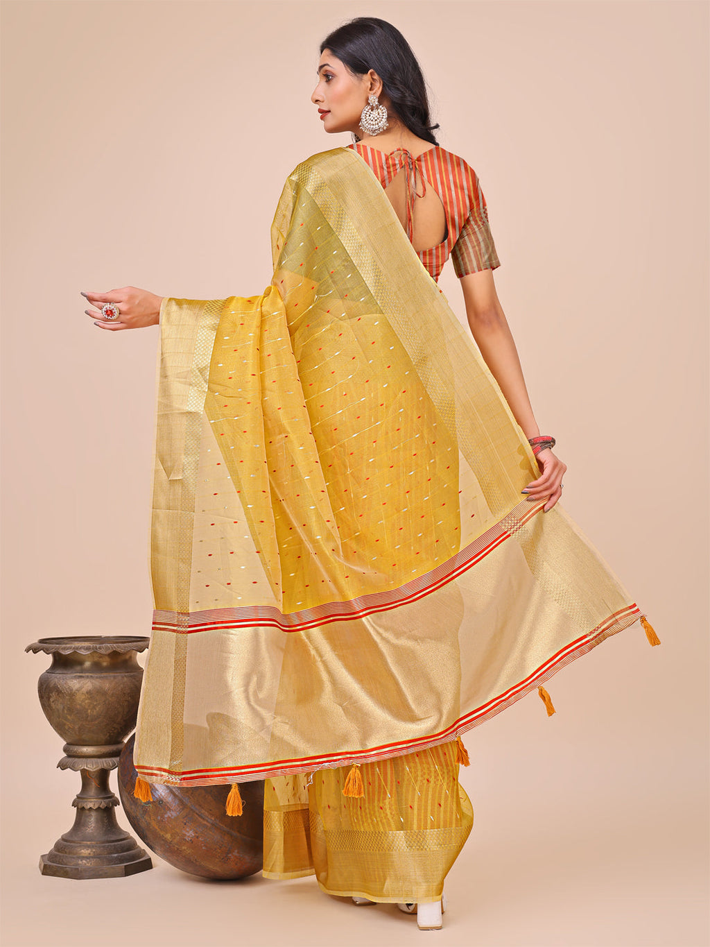 Shree Shyam Fashion Yellow Gold Organza Silk Saree - Lightweight Luxury for Your Ethnic Moments | Grocsy