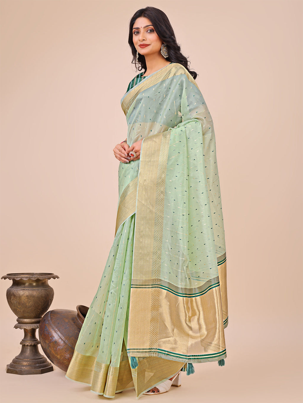 Shree Shyam Fashion Olive Green Gold Organza Silk Saree - Lightweight Luxury for Your Ethnic Moments | Grocsy