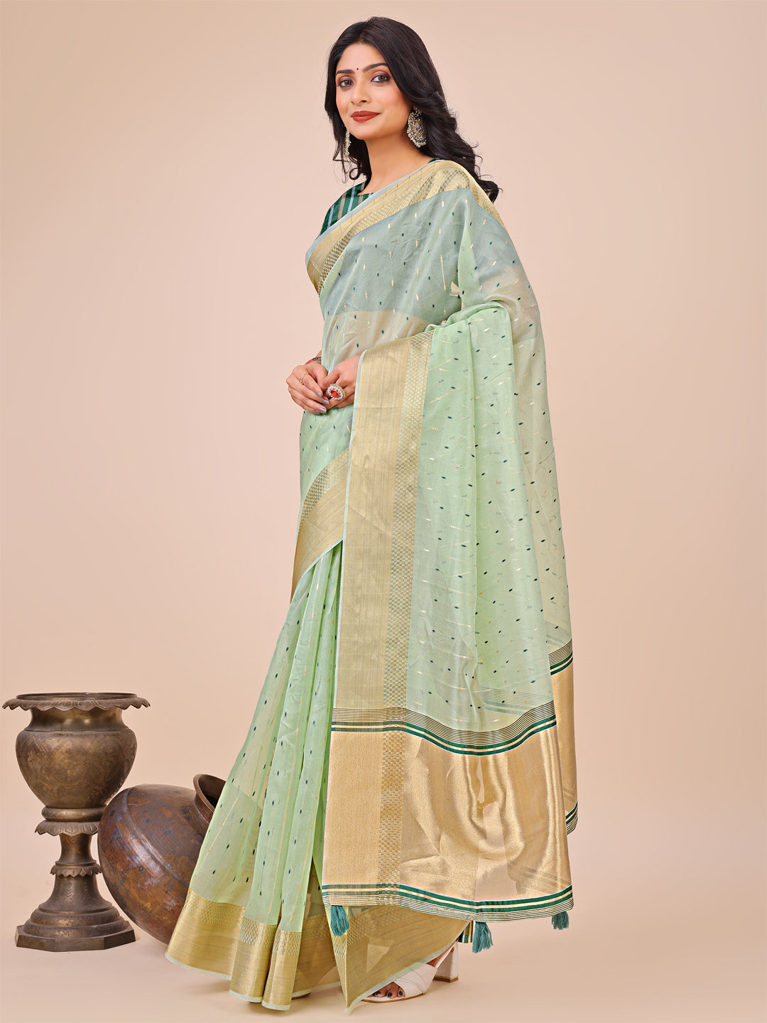 Shree Shyam Fashion Olive Green Gold Organza Silk Saree - Lightweight Luxury for Your Ethnic Moments | Grocsy