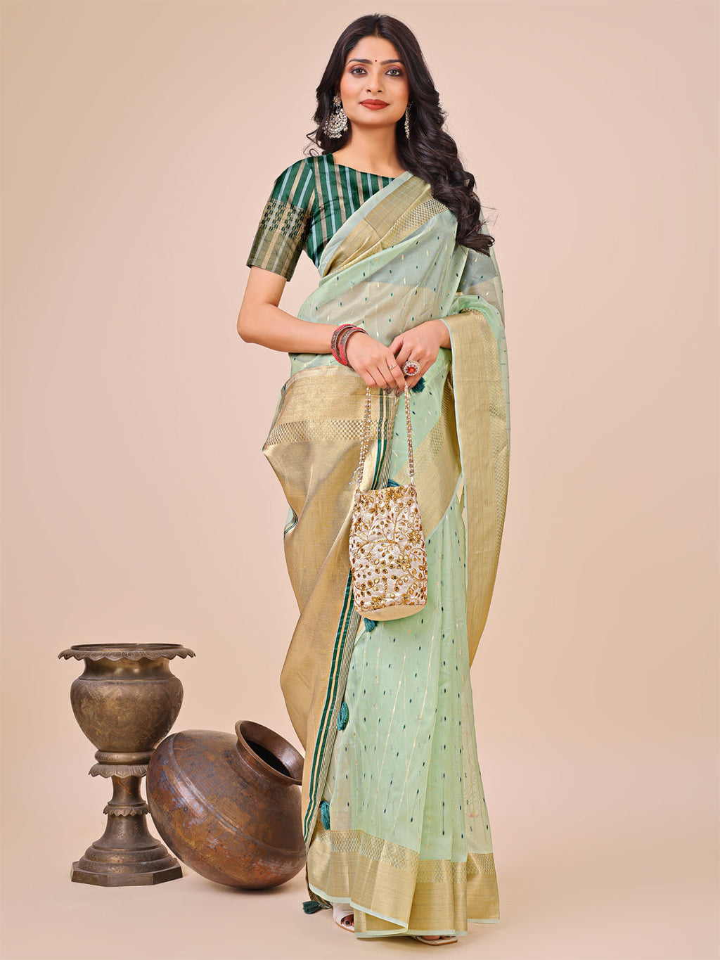 Shree Shyam Fashion Olive Green Gold Organza Silk Saree - Lightweight Luxury for Your Ethnic Moments | Grocsy
