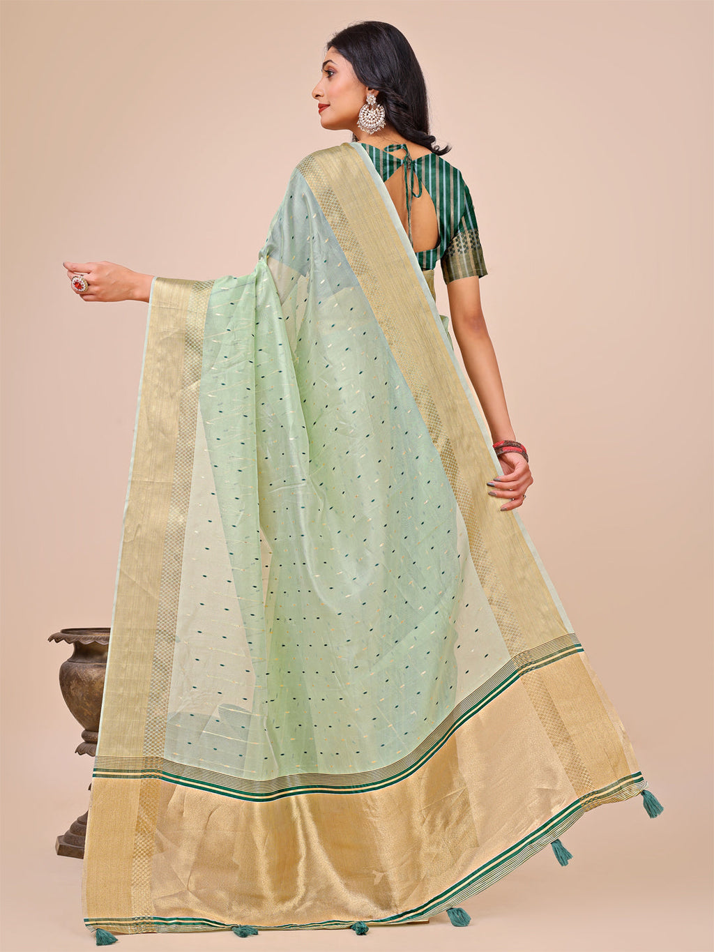 Shree Shyam Fashion Olive Green Gold Organza Silk Saree - Lightweight Luxury for Your Ethnic Moments | Grocsy