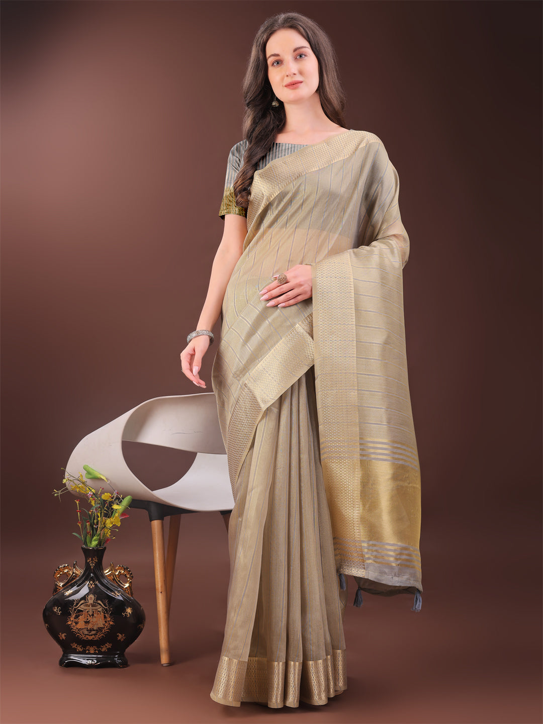 Shree Shyam Fashion Elegant Gold Beige Organza Saree with Zari Border | Party Wear Lightweight Saree with Blouse for Women | Grocsy