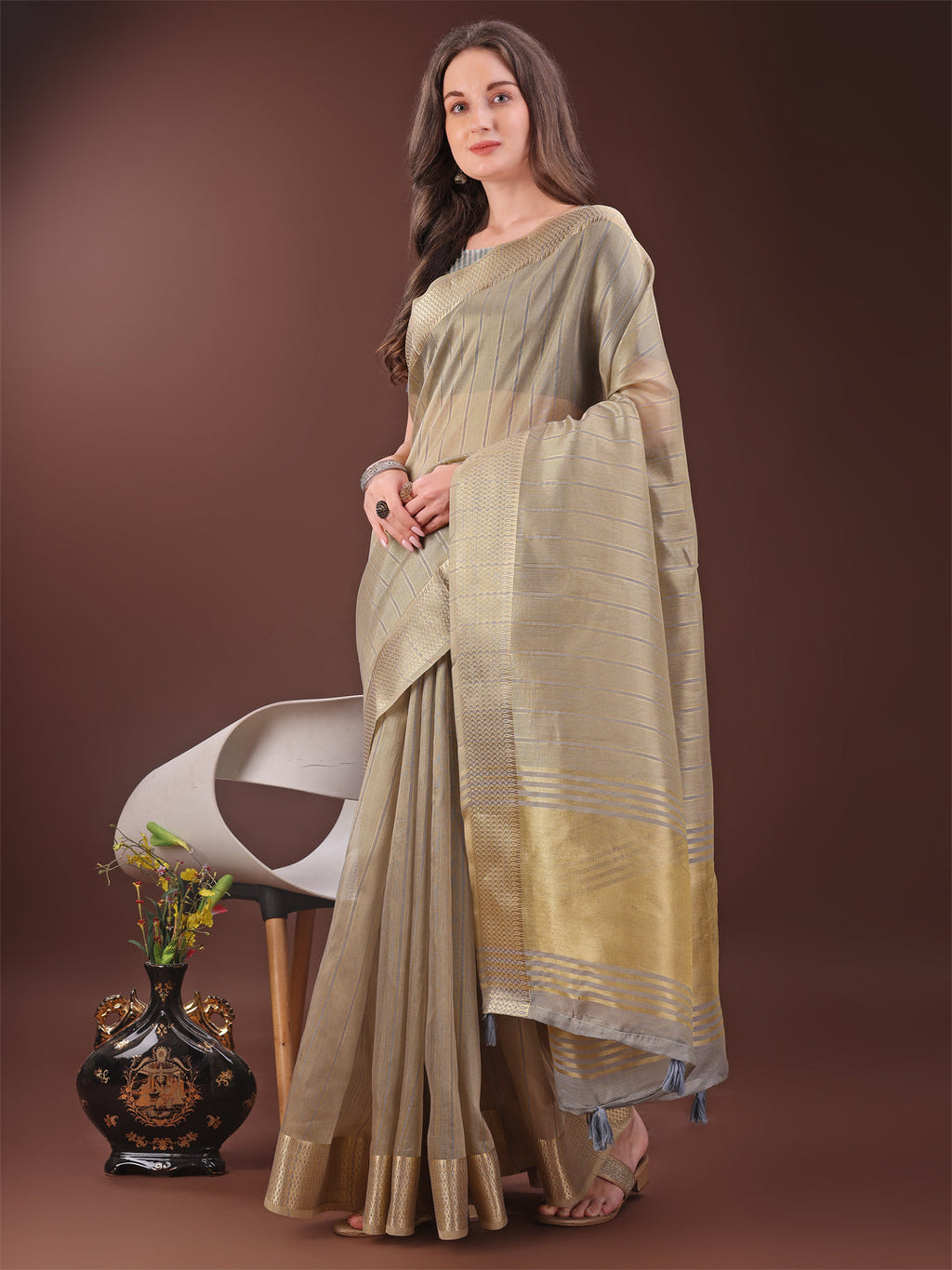 Shree Shyam Fashion Elegant Gold Beige Organza Saree with Zari Border | Party Wear Lightweight Saree with Blouse for Women | Grocsy