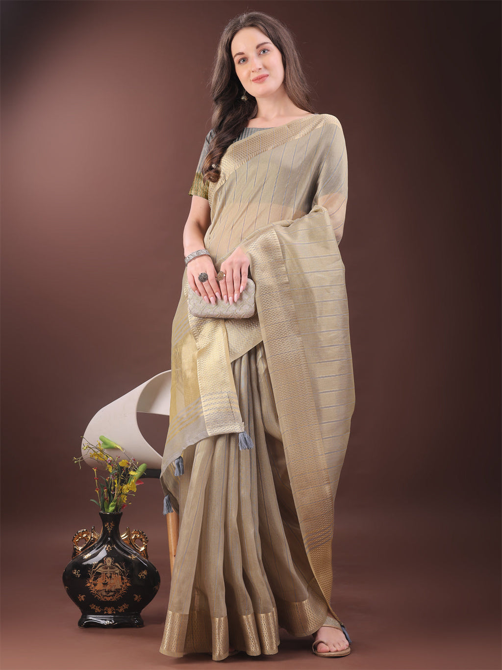 Shree Shyam Fashion Elegant Gold Beige Organza Saree with Zari Border | Party Wear Lightweight Saree with Blouse for Women | Grocsy