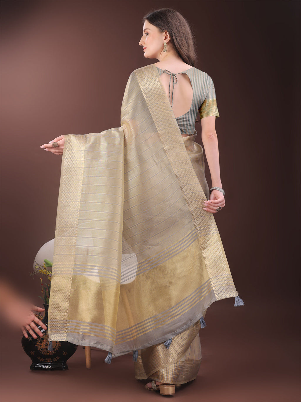 Shree Shyam Fashion Elegant Gold Beige Organza Saree with Zari Border | Party Wear Lightweight Saree with Blouse for Women | Grocsy