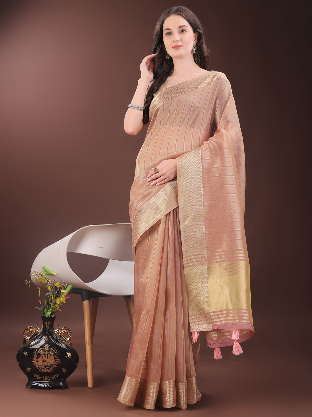 Shree Shyam Fashion Elegant Gold Peach Organza Saree with Zari Border | Party Wear Lightweight Saree with Blouse for Women | Grocsy