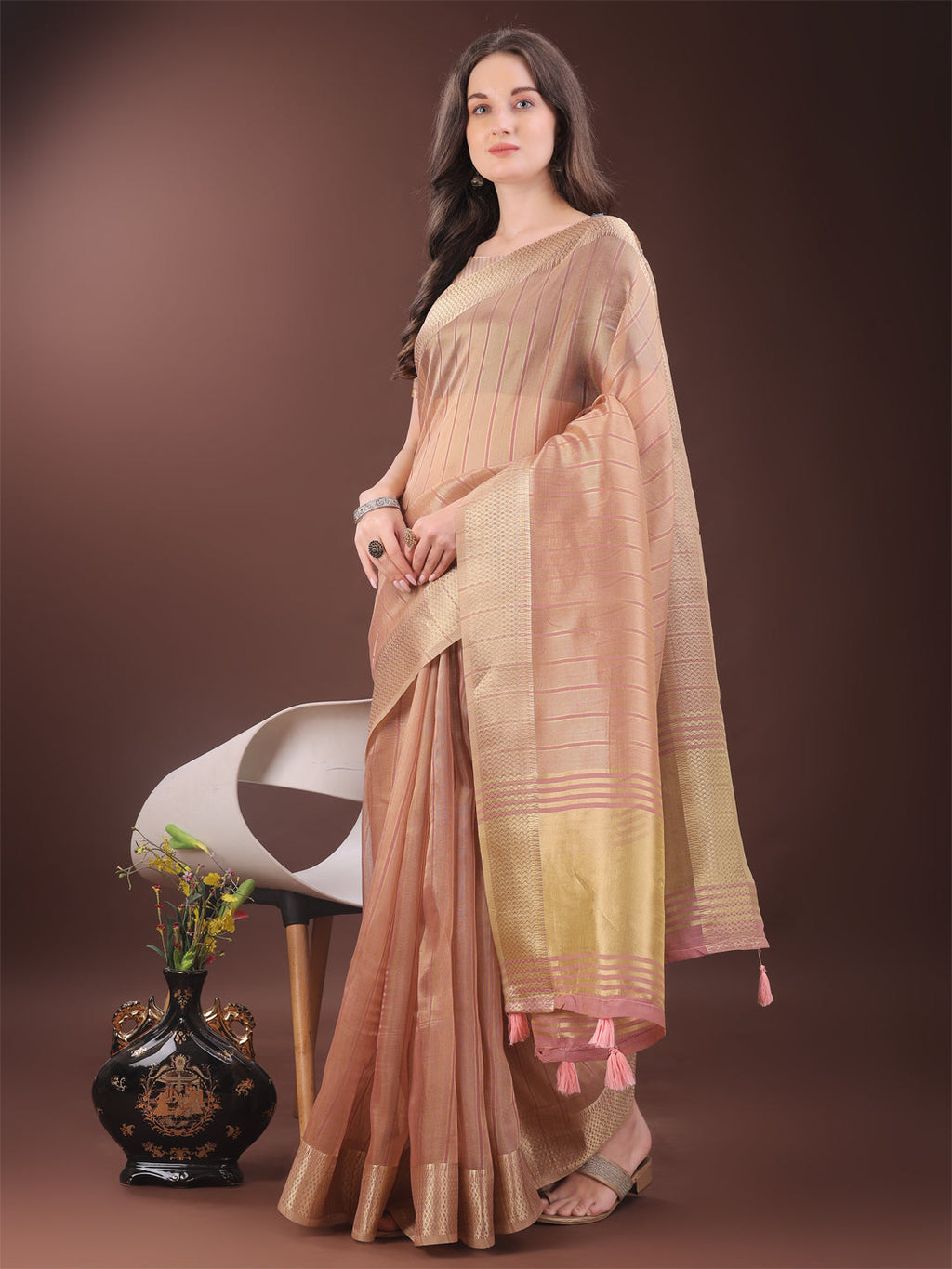Shree Shyam Fashion Elegant Gold Peach Organza Saree with Zari Border | Party Wear Lightweight Saree with Blouse for Women | Grocsy