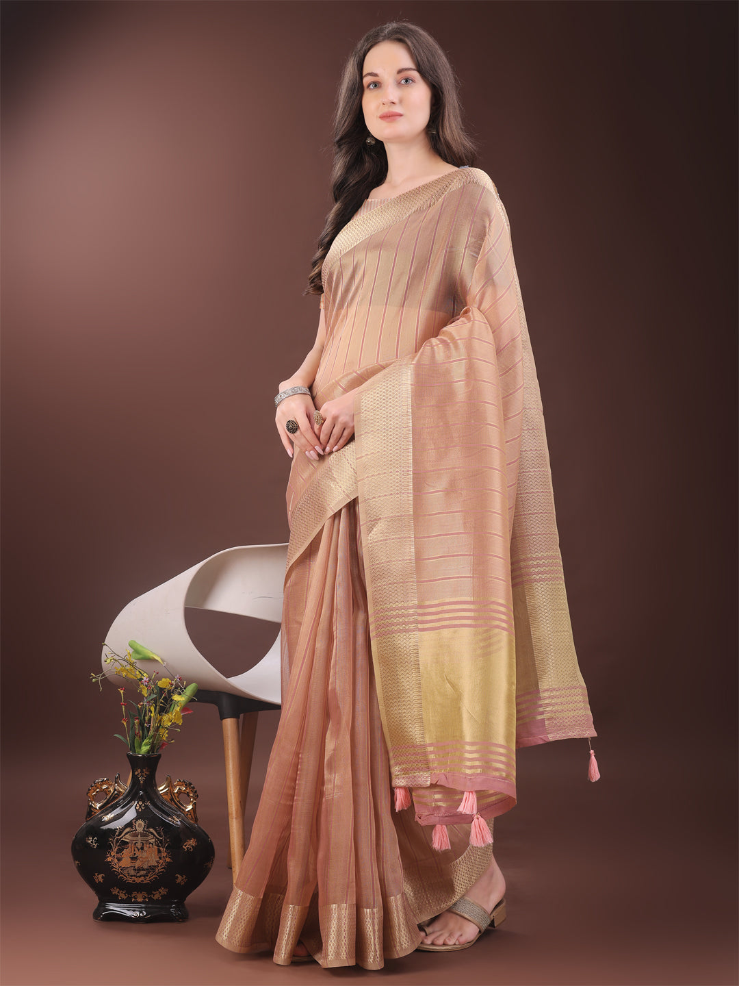 Shree Shyam Fashion Elegant Gold Peach Organza Saree with Zari Border | Party Wear Lightweight Saree with Blouse for Women | Grocsy