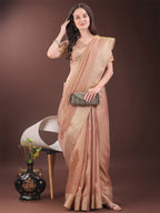 Shree Shyam Fashion Elegant Gold Peach Organza Saree with Zari Border | Party Wear Lightweight Saree with Blouse for Women | Grocsy