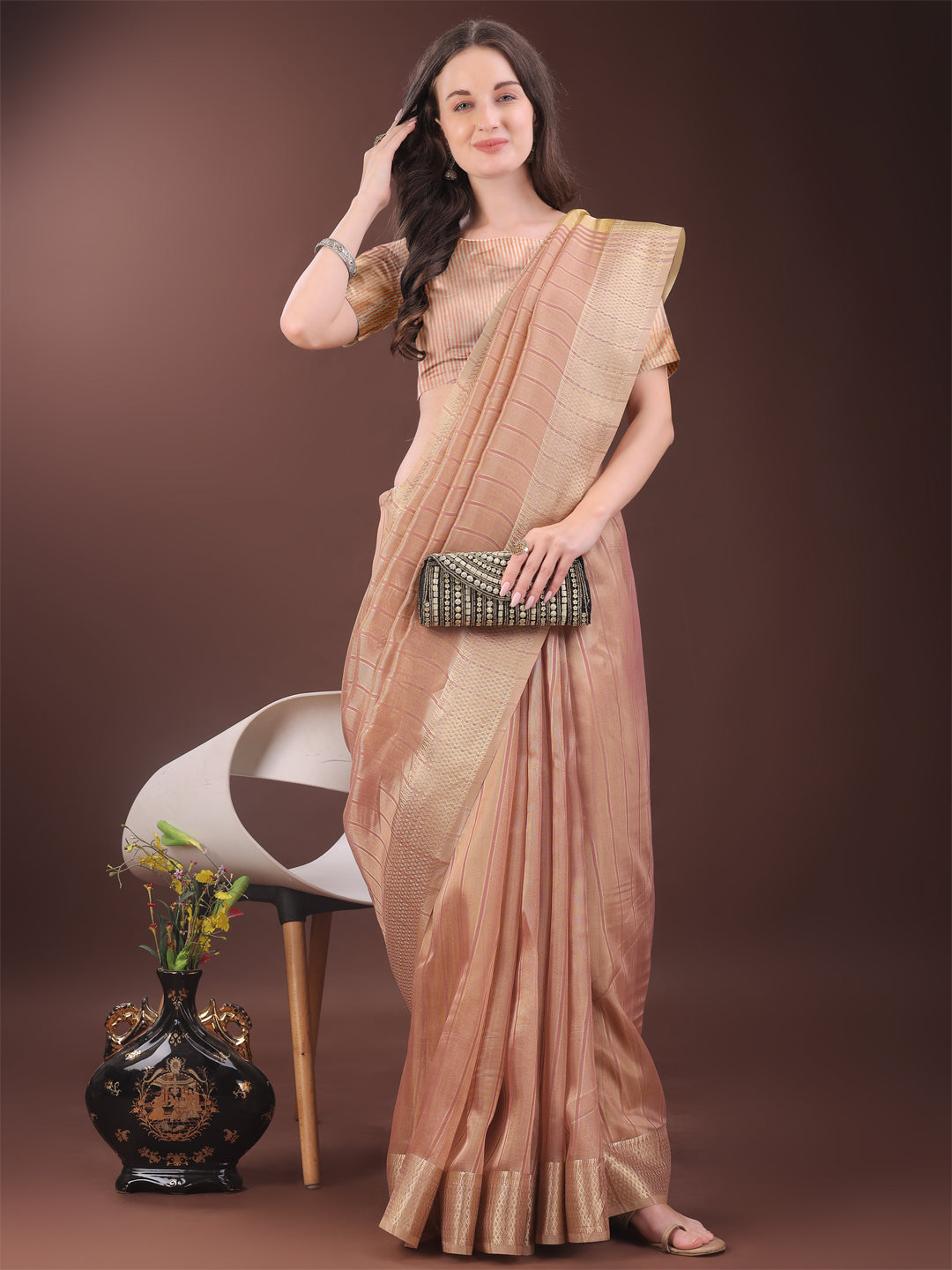 Shree Shyam Fashion Elegant Gold Peach Organza Saree with Zari Border | Party Wear Lightweight Saree with Blouse for Women | Grocsy