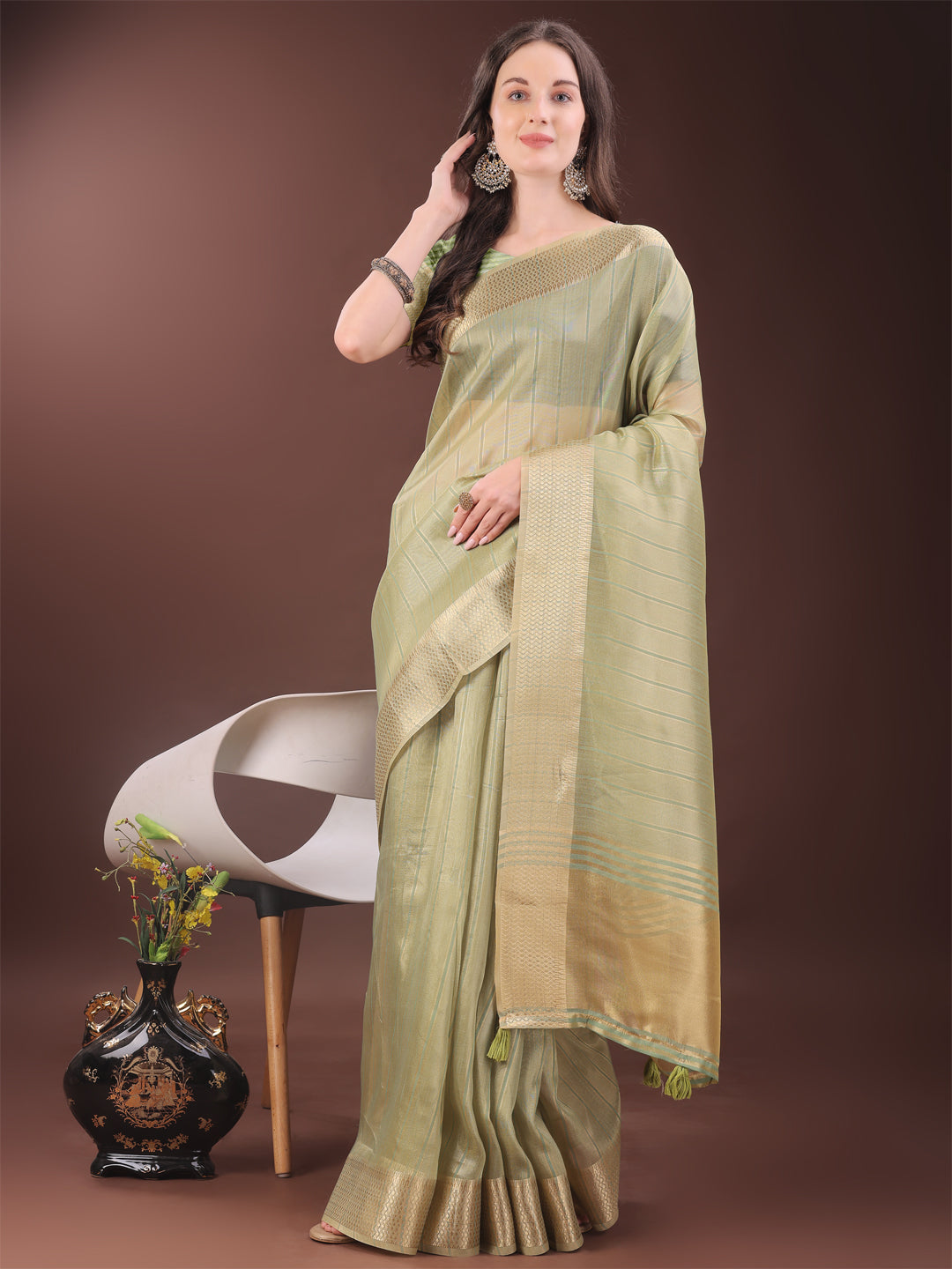 Shree Shyam Fashion Elegant Gold Mint Green Organza Saree with Zari Border | Party Wear Lightweight Saree with Blouse for Women | Grocsy