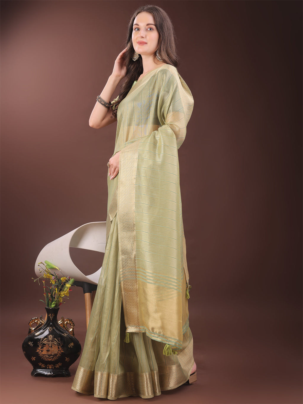 Shree Shyam Fashion Elegant Gold Mint Green Organza Saree with Zari Border | Party Wear Lightweight Saree with Blouse for Women | Grocsy