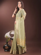 Shree Shyam Fashion Elegant Gold Mint Green Organza Saree with Zari Border | Party Wear Lightweight Saree with Blouse for Women | Grocsy