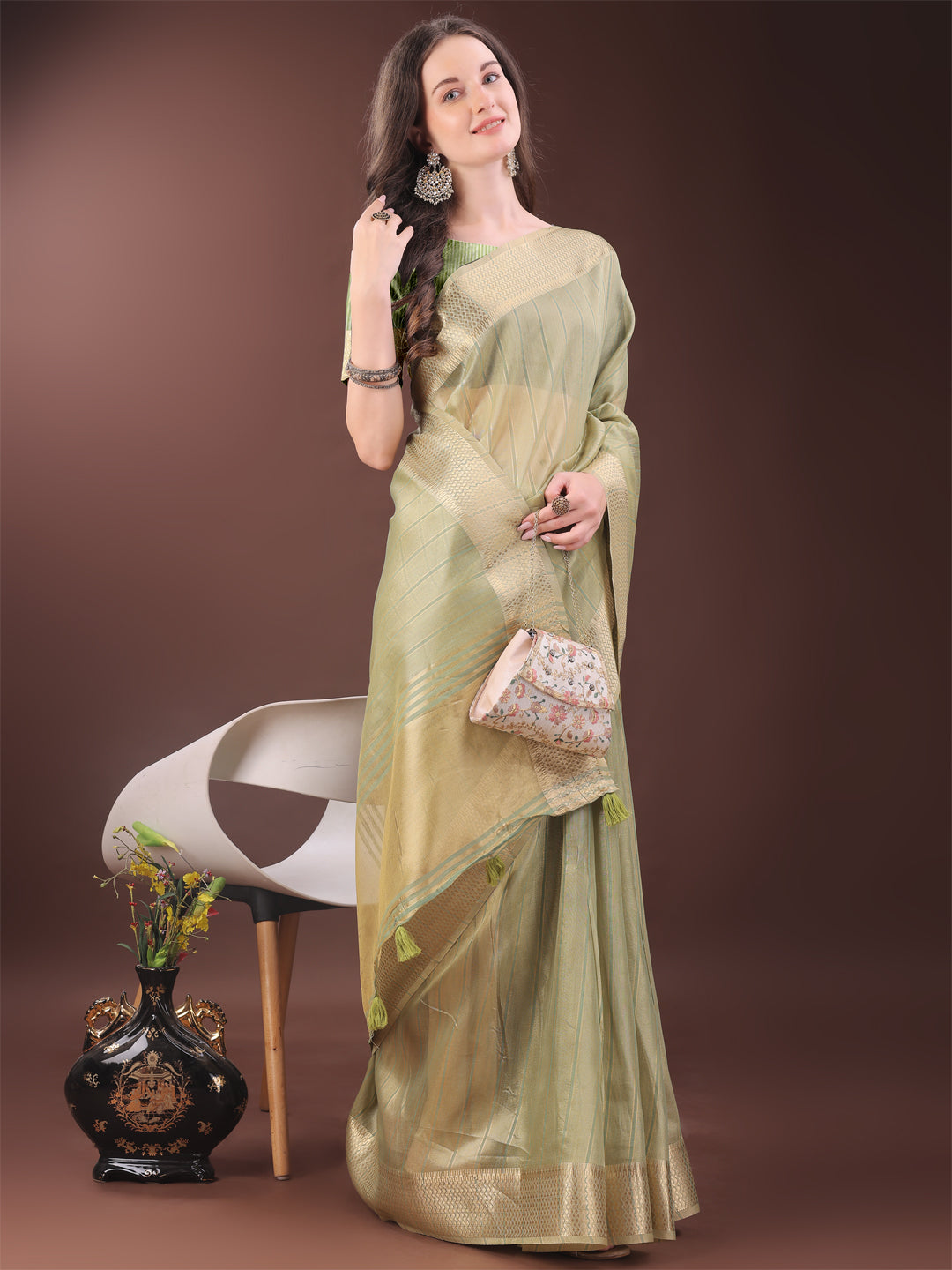 Shree Shyam Fashion Elegant Gold Mint Green Organza Saree with Zari Border | Party Wear Lightweight Saree with Blouse for Women | Grocsy