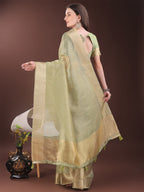 Shree Shyam Fashion Elegant Gold Mint Green Organza Saree with Zari Border | Party Wear Lightweight Saree with Blouse for Women | Grocsy
