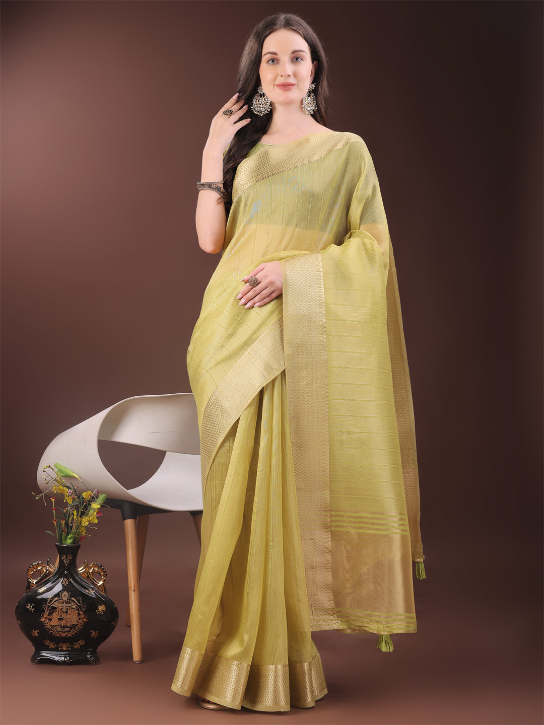 Shree Shyam Fashion Elegant Gold Yellow Organza Saree with Zari Border | Party Wear Lightweight Saree with Blouse for Women | Grocsy