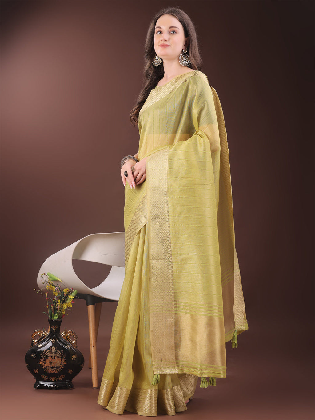 Shree Shyam Fashion Elegant Gold Yellow Organza Saree with Zari Border | Party Wear Lightweight Saree with Blouse for Women | Grocsy