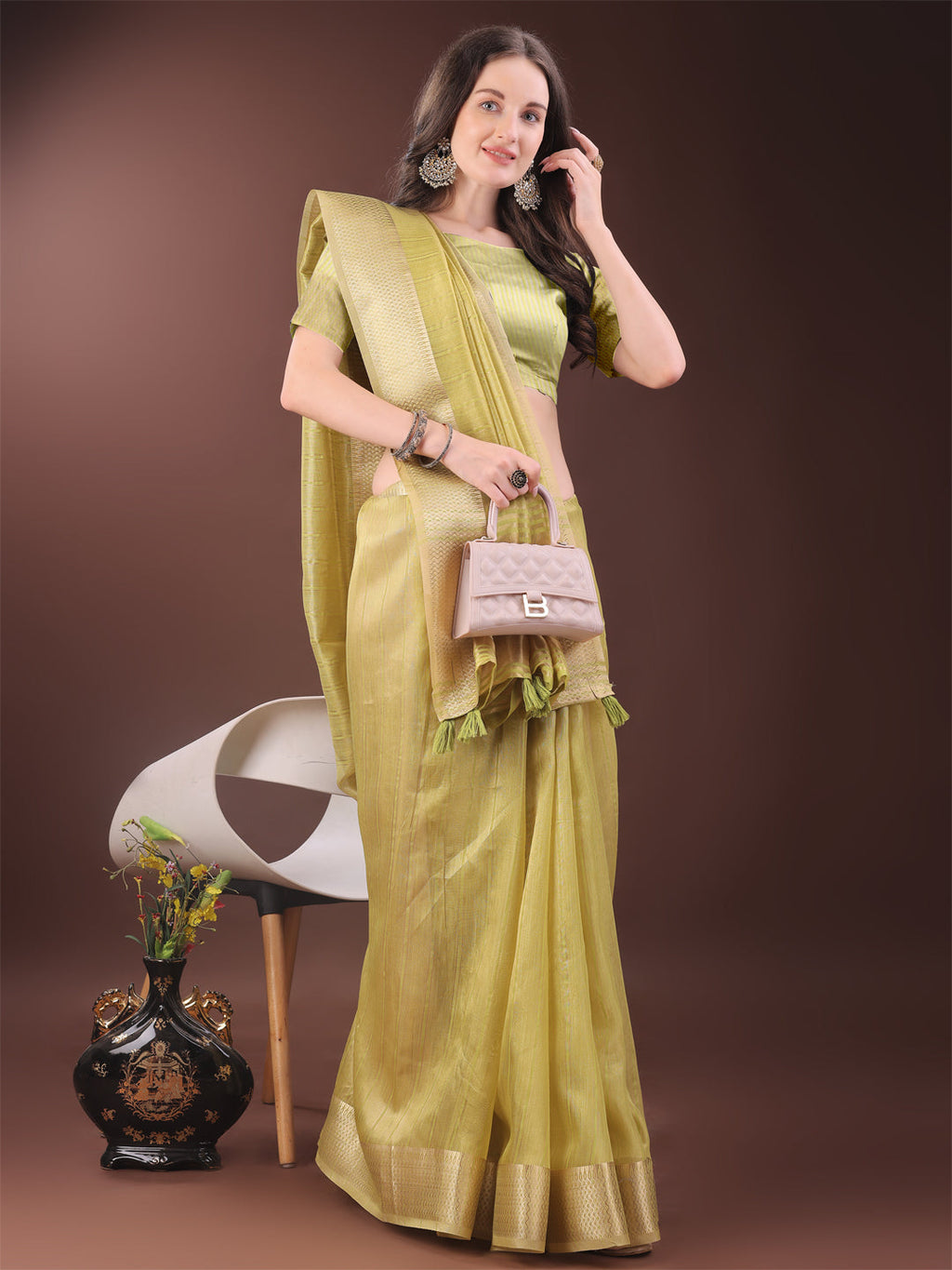 Shree Shyam Fashion Elegant Gold Yellow Organza Saree with Zari Border | Party Wear Lightweight Saree with Blouse for Women | Grocsy
