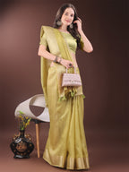 Shree Shyam Fashion Elegant Gold Yellow Organza Saree with Zari Border | Party Wear Lightweight Saree with Blouse for Women | Grocsy