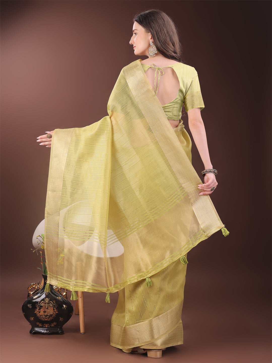 Shree Shyam Fashion Elegant Gold Yellow Organza Saree with Zari Border | Party Wear Lightweight Saree with Blouse for Women | Grocsy