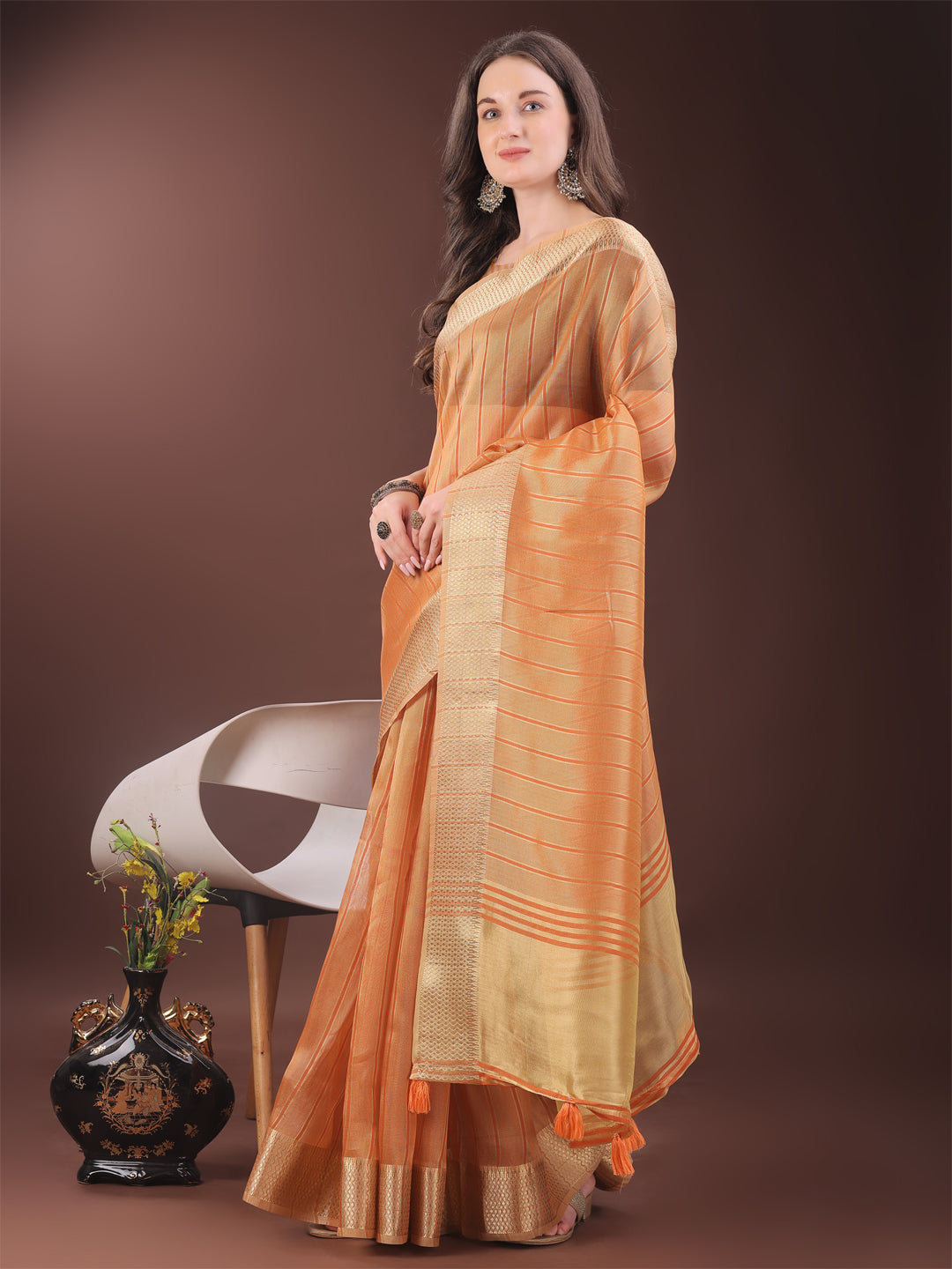 Shree Shyam Fashion Elegant Gold Orange Organza Saree with Zari Border | Party Wear Lightweight Saree with Blouse for Women | Grocsy