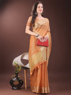 Shree Shyam Fashion Elegant Gold Orange Organza Saree with Zari Border | Party Wear Lightweight Saree with Blouse for Women | Grocsy