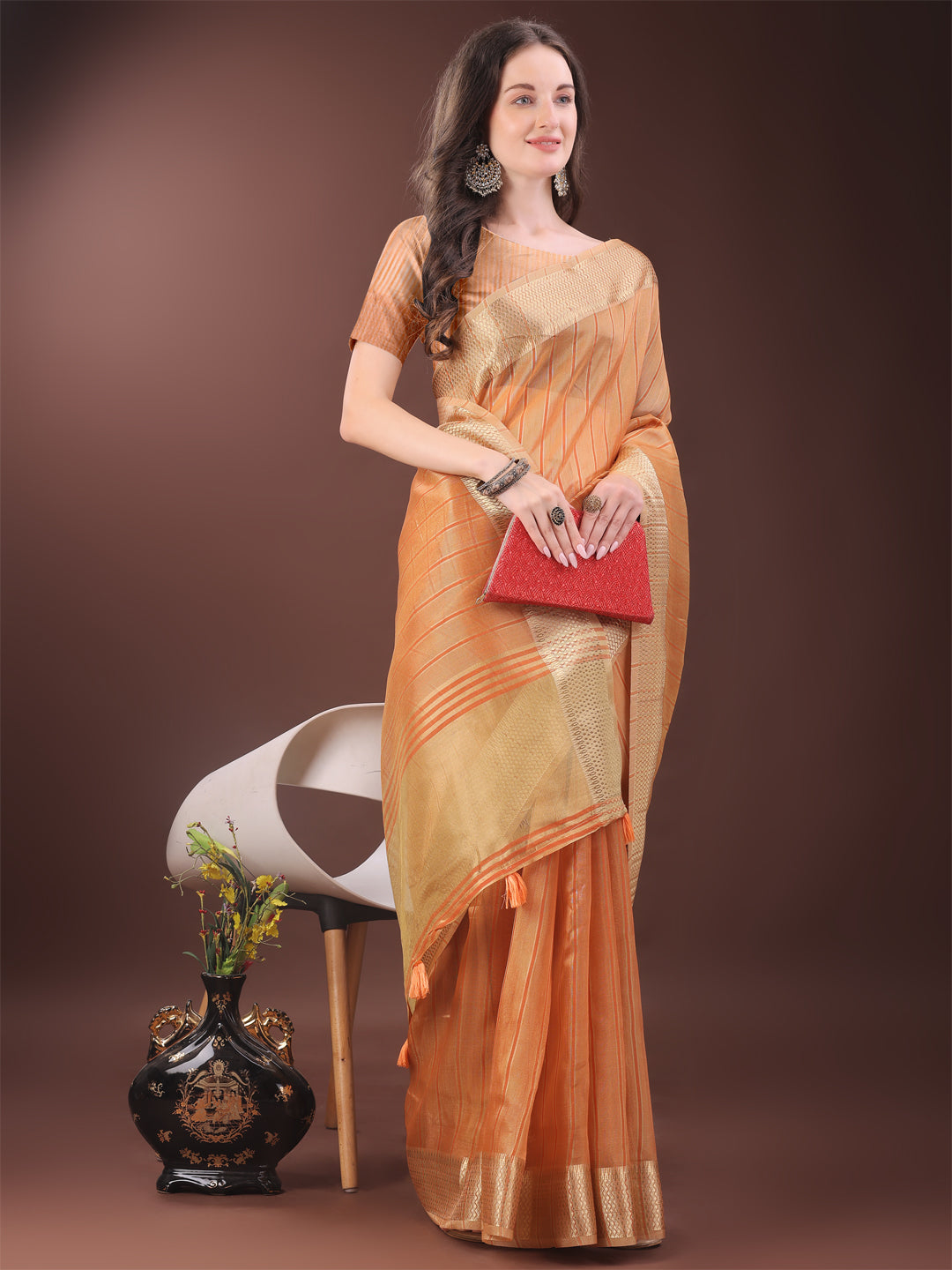 Shree Shyam Fashion Elegant Gold Orange Organza Saree with Zari Border | Party Wear Lightweight Saree with Blouse for Women | Grocsy