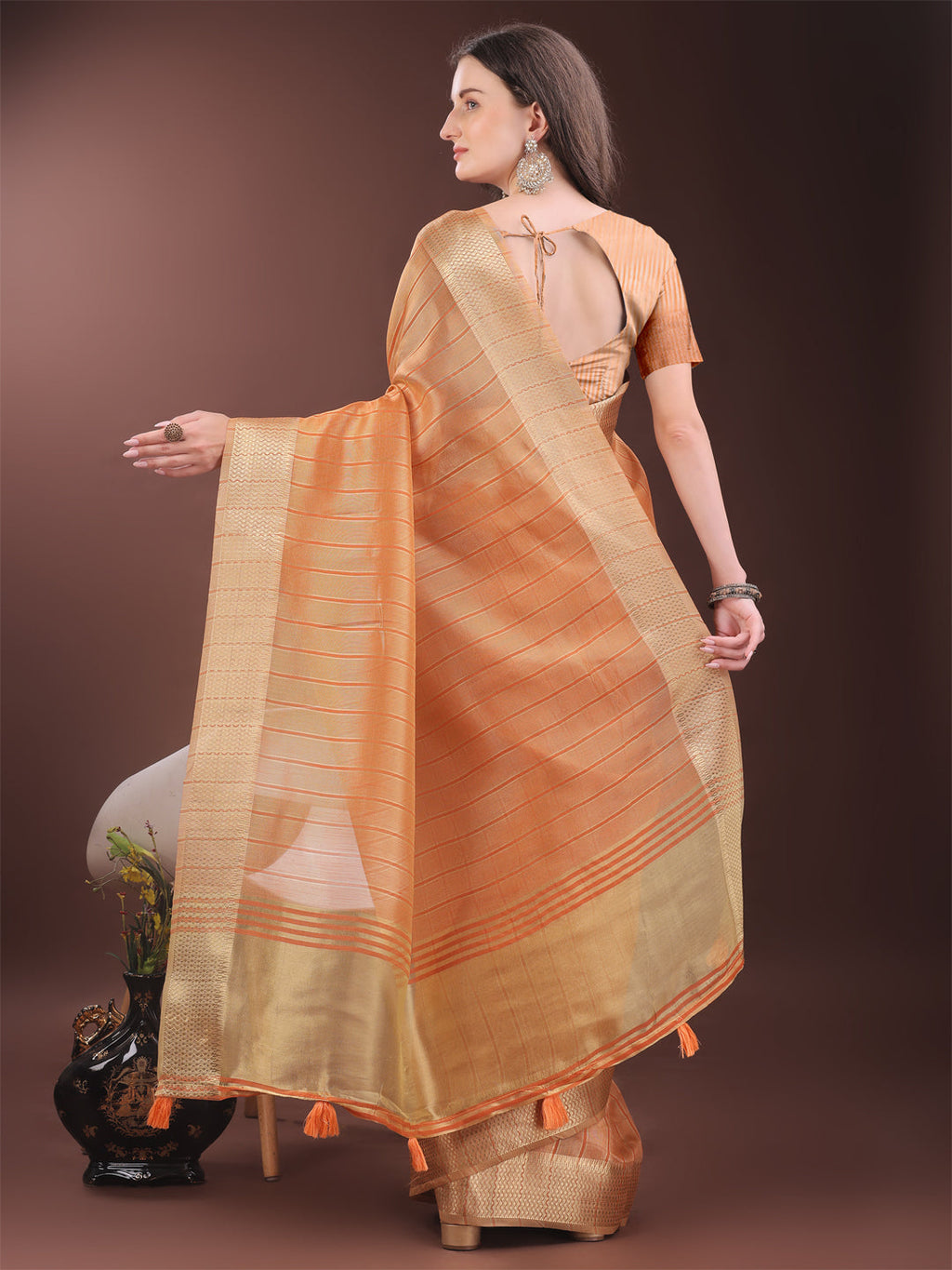 Shree Shyam Fashion Elegant Gold Orange Organza Saree with Zari Border | Party Wear Lightweight Saree with Blouse for Women | Grocsy