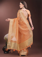 Shree Shyam Fashion Elegant Gold Orange Organza Saree with Zari Border | Party Wear Lightweight Saree with Blouse for Women | Grocsy