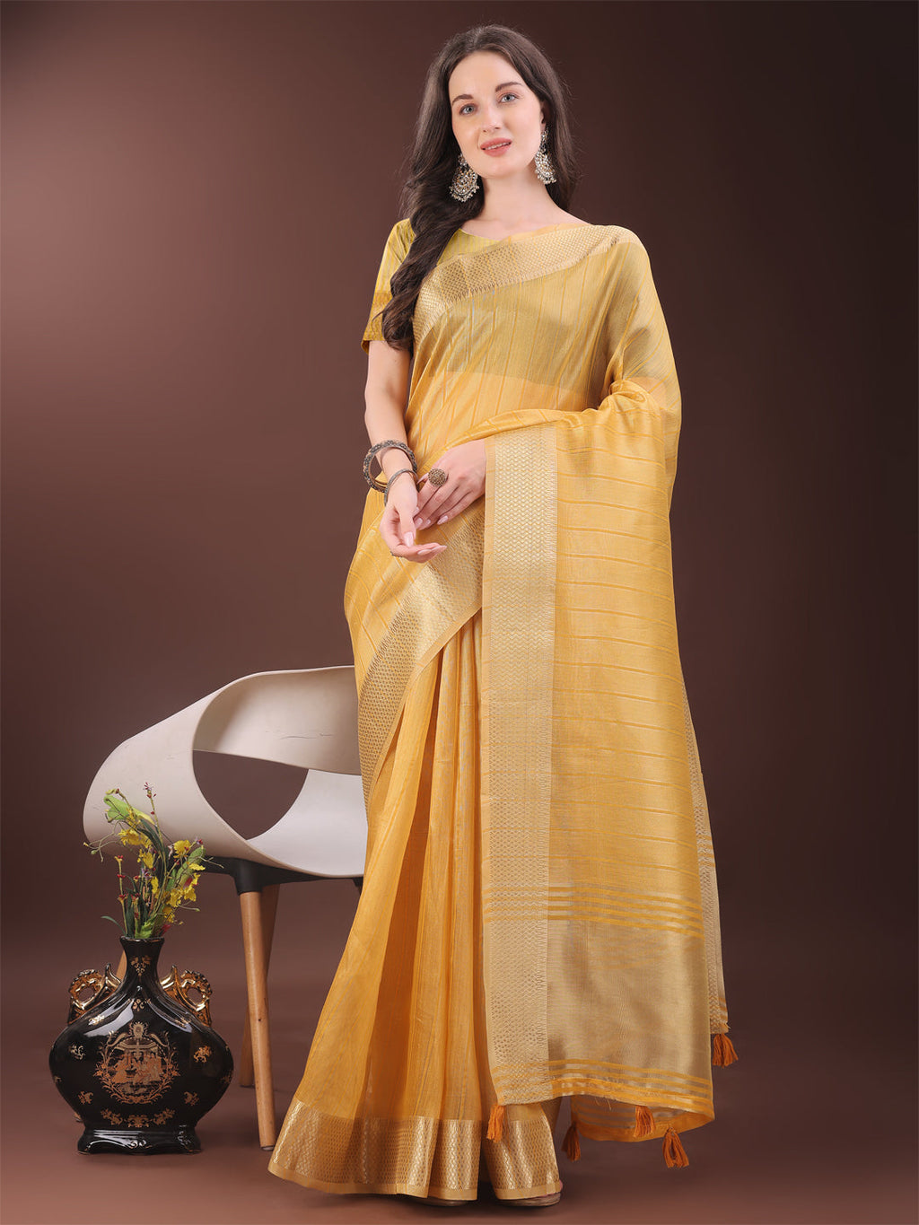 Shree Shyam Fashion Elegant Gold Mustard Organza Saree with Zari Border | Party Wear Lightweight Saree with Blouse for Women | Grocsy