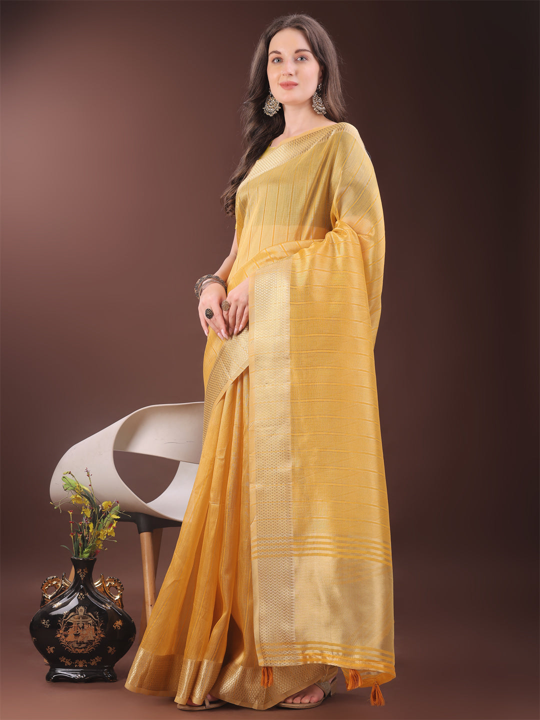 Shree Shyam Fashion Elegant Gold Mustard Organza Saree with Zari Border | Party Wear Lightweight Saree with Blouse for Women | Grocsy
